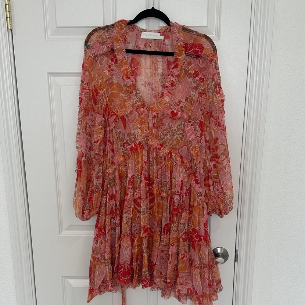 Zimmermann Pink & Orange Paisley Tiered Mini Dress
